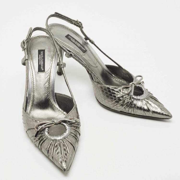 Pre Owned Dolce & Gabbana Metallic Silver Python Bow Slingback Pumps Size 36.5