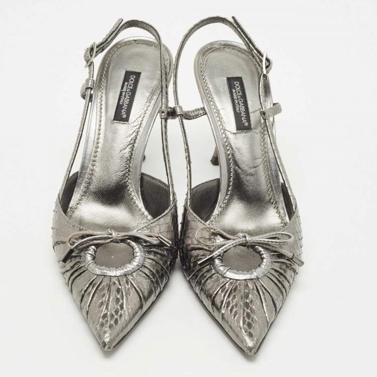 Pre Owned Dolce & Gabbana Metallic Silver Python Bow Slingback Pumps Size 36.5