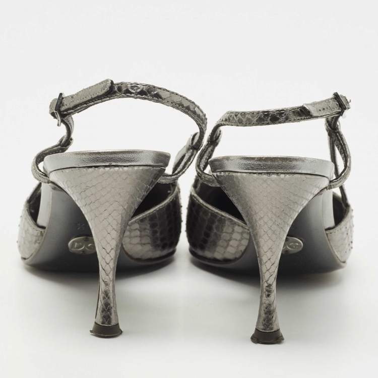 Pre Owned Dolce & Gabbana Metallic Silver Python Bow Slingback Pumps Size 36.5