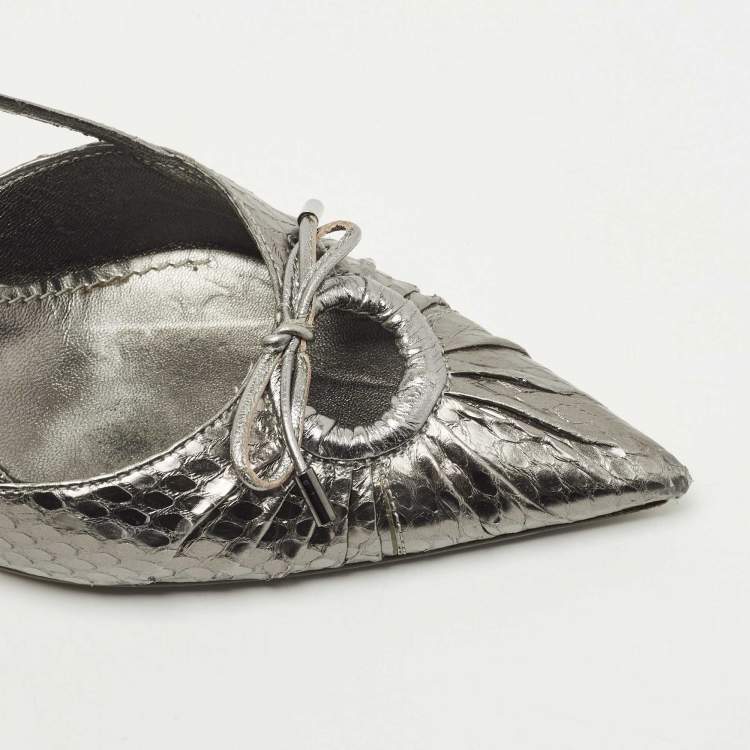 Pre Owned Dolce & Gabbana Metallic Silver Python Bow Slingback Pumps Size 36.5