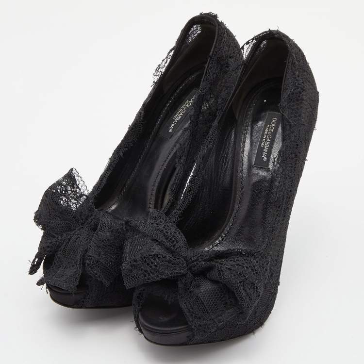 Pre Owned Dolce & Gabbana Black Lace Bow Peep Toe Platform Pumps Size 36