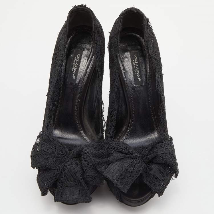 Pre Owned Dolce & Gabbana Black Lace Bow Peep Toe Platform Pumps Size 36