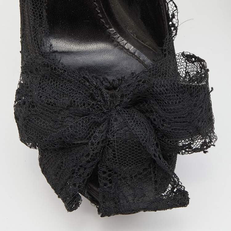 Pre Owned Dolce & Gabbana Black Lace Bow Peep Toe Platform Pumps Size 36