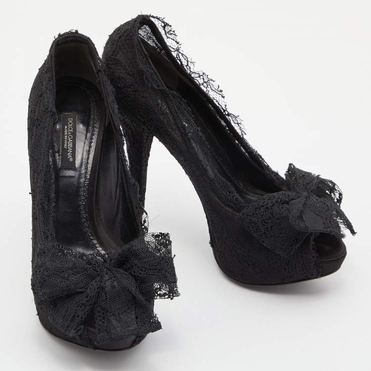Pre Owned Dolce & Gabbana Black Lace Bow Peep Toe Platform Pumps Size 36