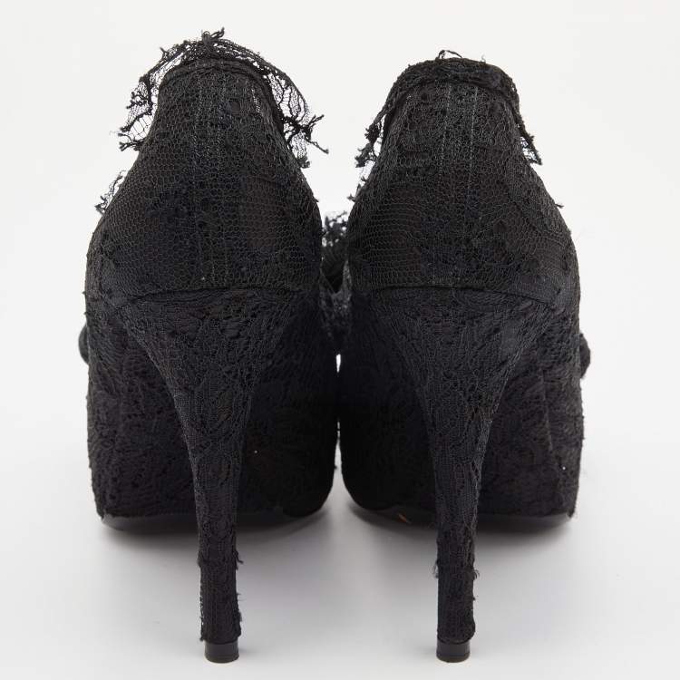 Pre Owned Dolce & Gabbana Black Lace Bow Peep Toe Platform Pumps Size 36