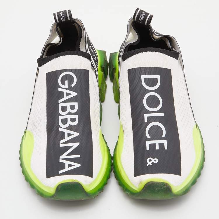 Pre Owned Dolce & Gabbana Neon Green/White Knit Fabric Sorrento Slip On Sneakers Size 38