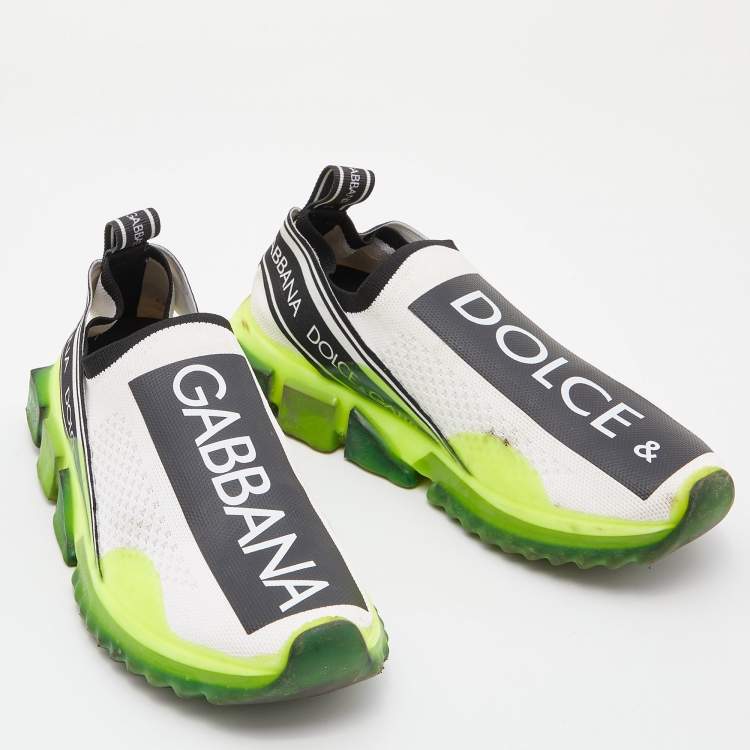 Pre Owned Dolce & Gabbana Neon Green/White Knit Fabric Sorrento Slip On Sneakers Size 38
