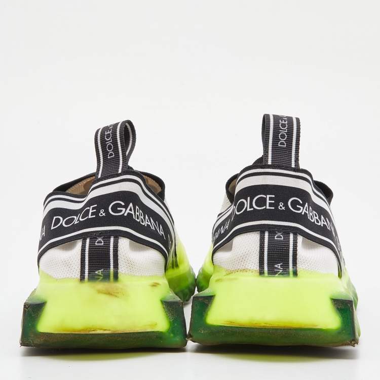 Pre Owned Dolce & Gabbana Neon Green/White Knit Fabric Sorrento Slip On Sneakers Size 38