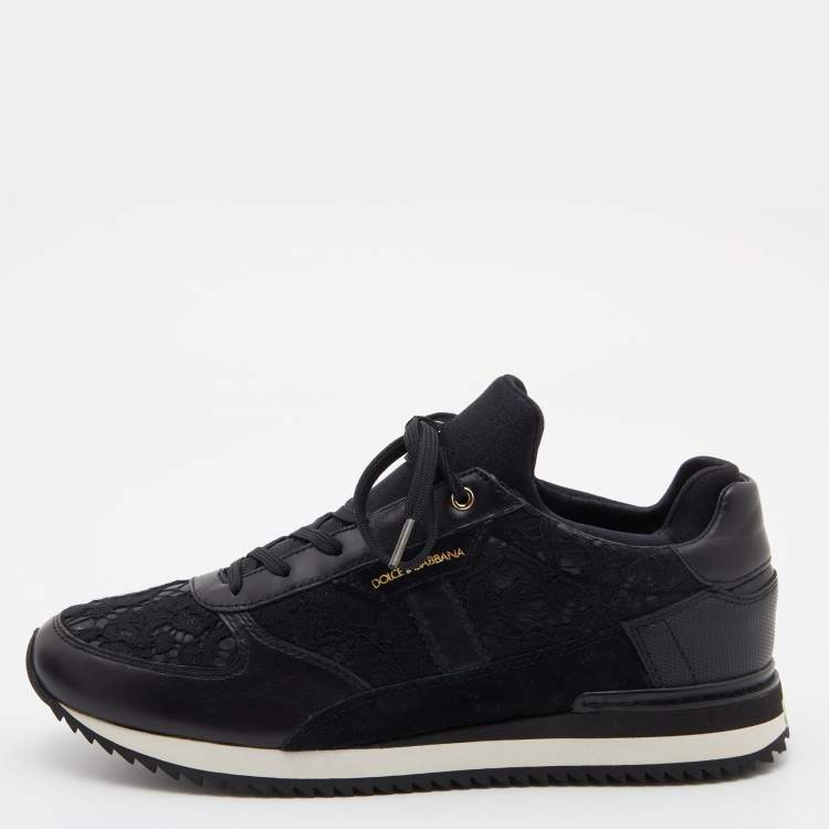 Pre Owned Dolce & Gabbana Black Lace and Leather Low Top Sneakers Size 39