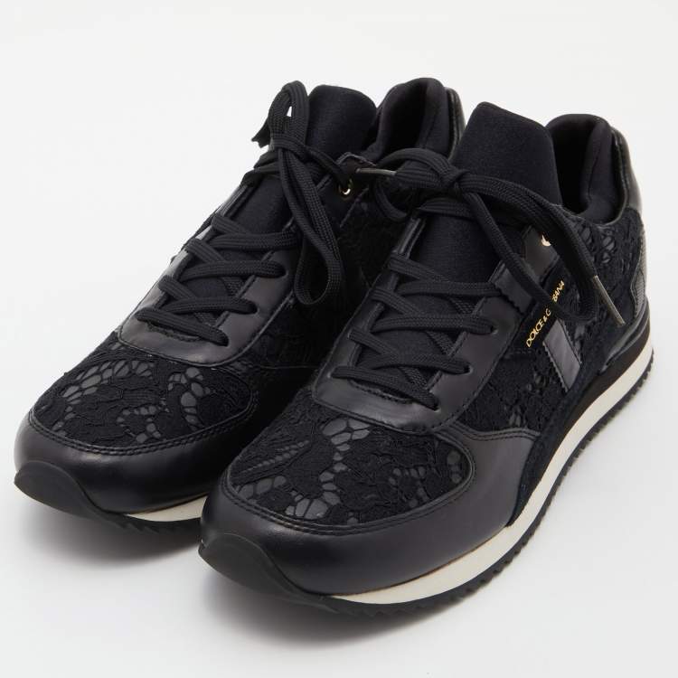 Pre Owned Dolce & Gabbana Black Lace and Leather Low Top Sneakers Size 39