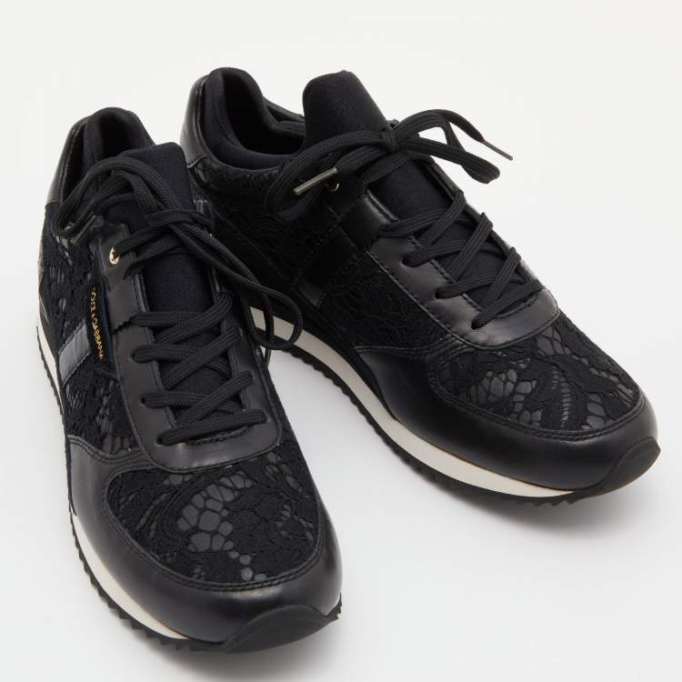 Pre Owned Dolce & Gabbana Black Lace and Leather Low Top Sneakers Size 39