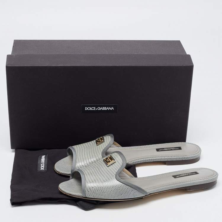 Pre Owned Dolce & Gabbana Green  LIzard Embossed Flat Slides Size 38.5