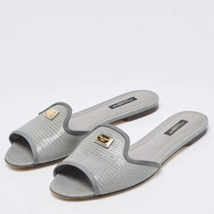 Pre Owned Dolce & Gabbana Green  LIzard Embossed Flat Slides Size 38.5