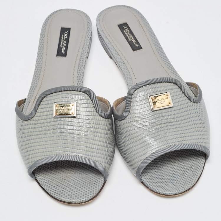 Pre Owned Dolce & Gabbana Green  LIzard Embossed Flat Slides Size 38.5