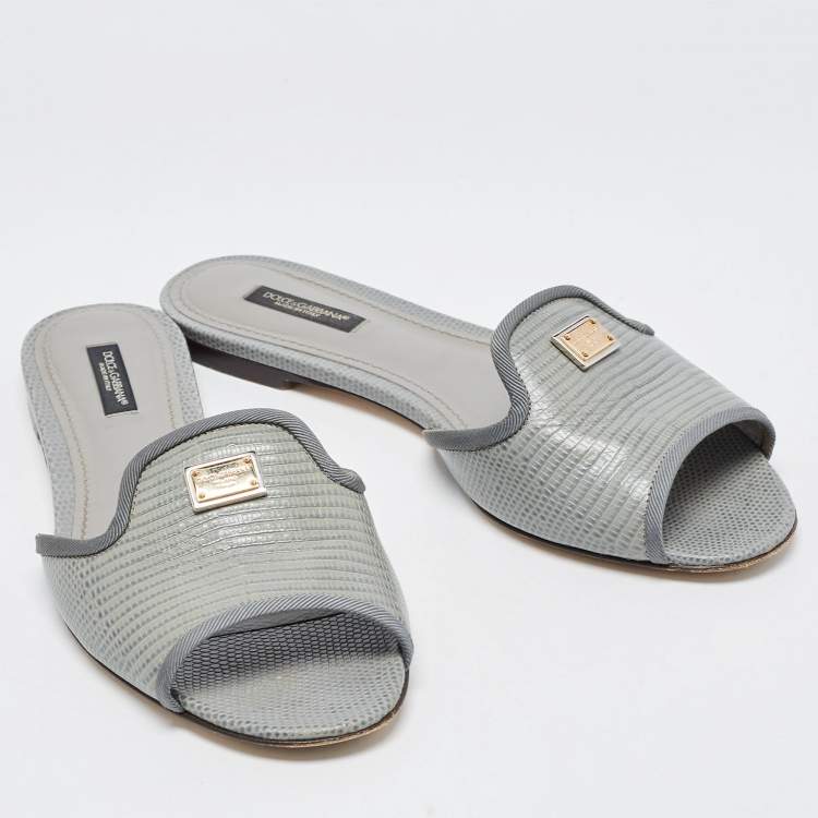 Pre Owned Dolce & Gabbana Green  LIzard Embossed Flat Slides Size 38.5