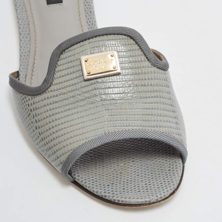 Pre Owned Dolce & Gabbana Green  LIzard Embossed Flat Slides Size 38.5