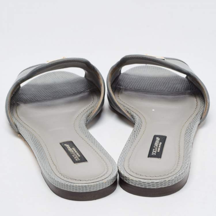 Pre Owned Dolce & Gabbana Green  LIzard Embossed Flat Slides Size 38.5