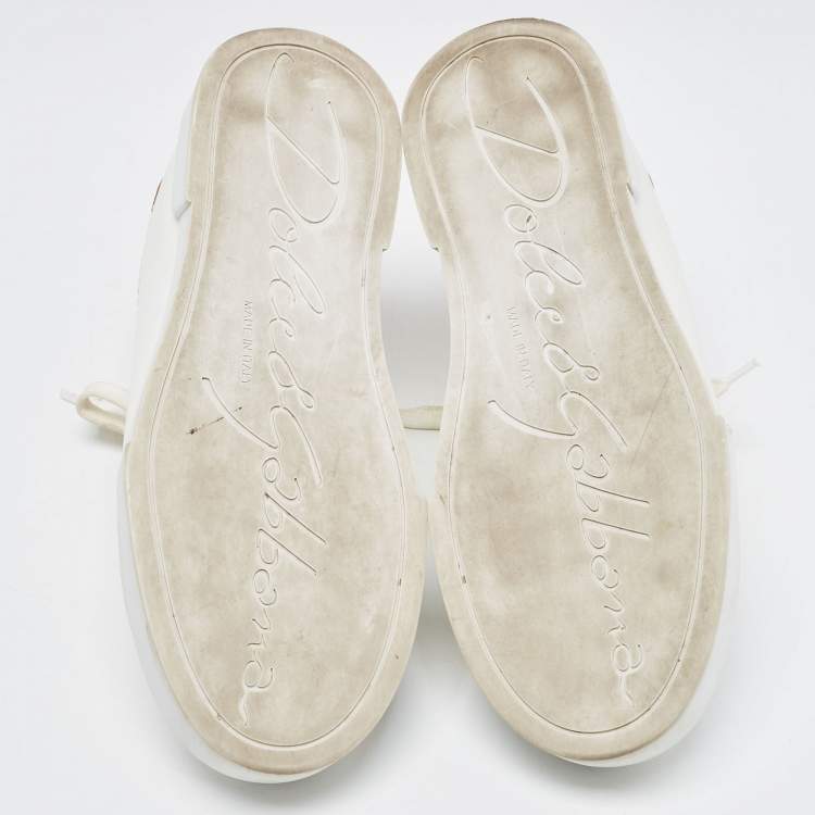 Pre Owned Dolce & Gabbana White/Gold Leather Pearl Embellished Portofino Sneakers Size 37