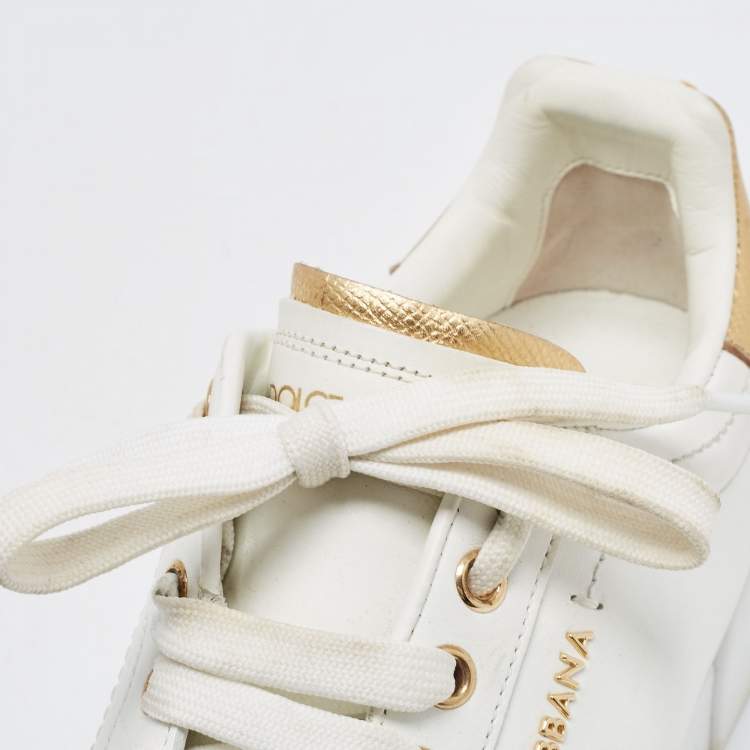 Pre Owned Dolce & Gabbana White/Gold Leather Pearl Embellished Portofino Sneakers Size 37