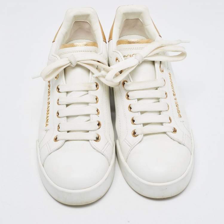 Pre Owned Dolce & Gabbana White/Gold Leather Pearl Embellished Portofino Sneakers Size 37