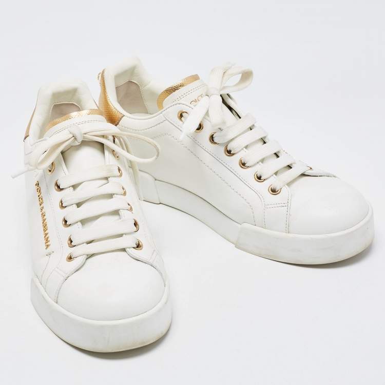 Pre Owned Dolce & Gabbana White/Gold Leather Pearl Embellished Portofino Sneakers Size 37