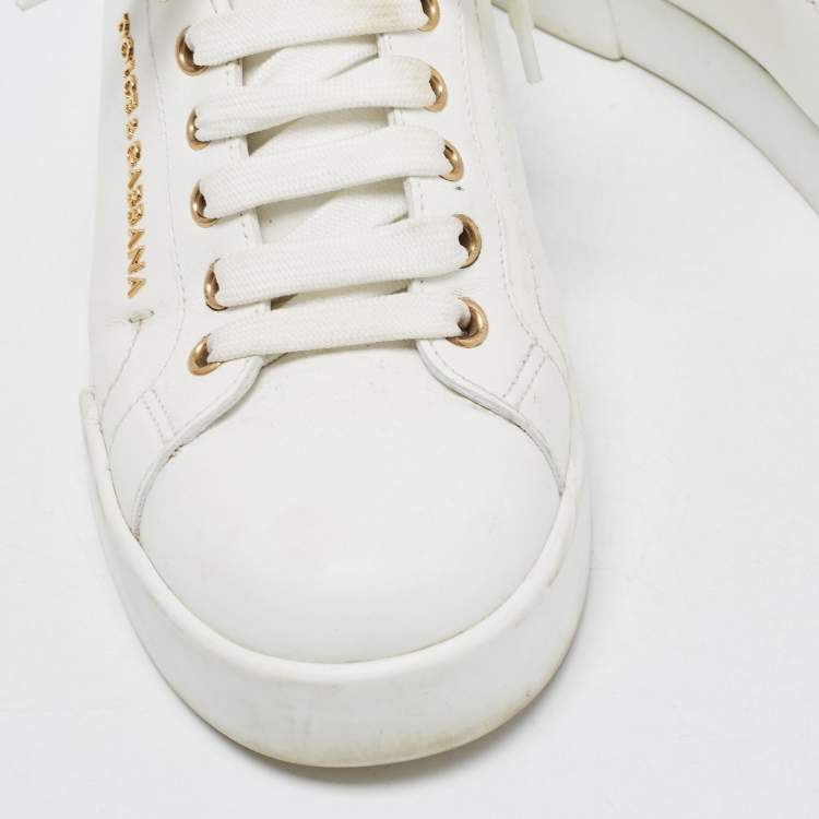 Pre Owned Dolce & Gabbana White/Gold Leather Pearl Embellished Portofino Sneakers Size 37