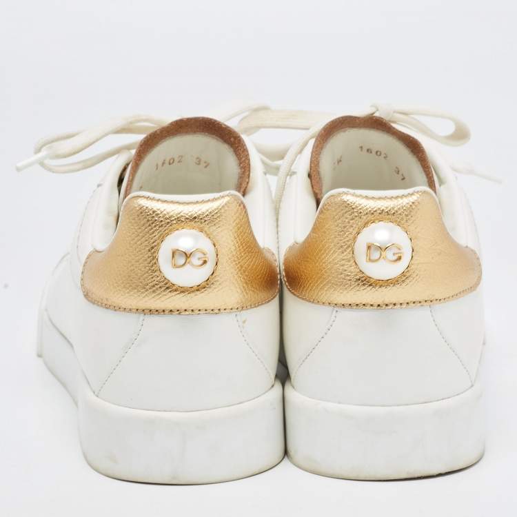 Pre Owned Dolce & Gabbana White/Gold Leather Pearl Embellished Portofino Sneakers Size 37