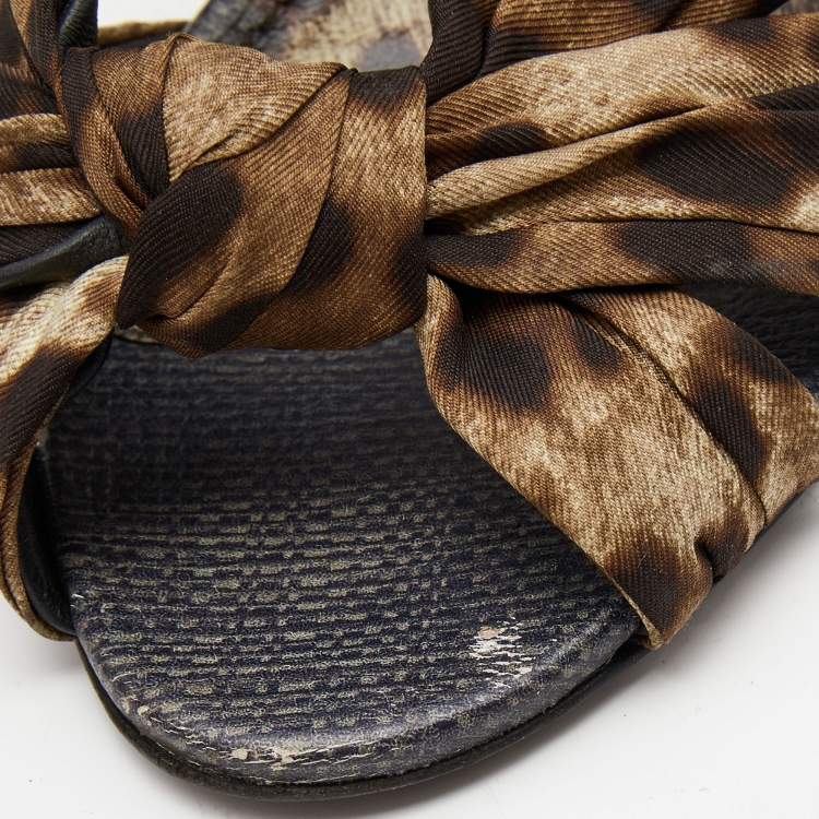Pre Owned Dolce & Gabbana Brown Satin Leopard Print Fastening Ankle Tie Sandals Size 40