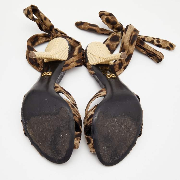 Pre Owned Dolce & Gabbana Brown Satin Leopard Print Fastening Ankle Tie Sandals Size 40