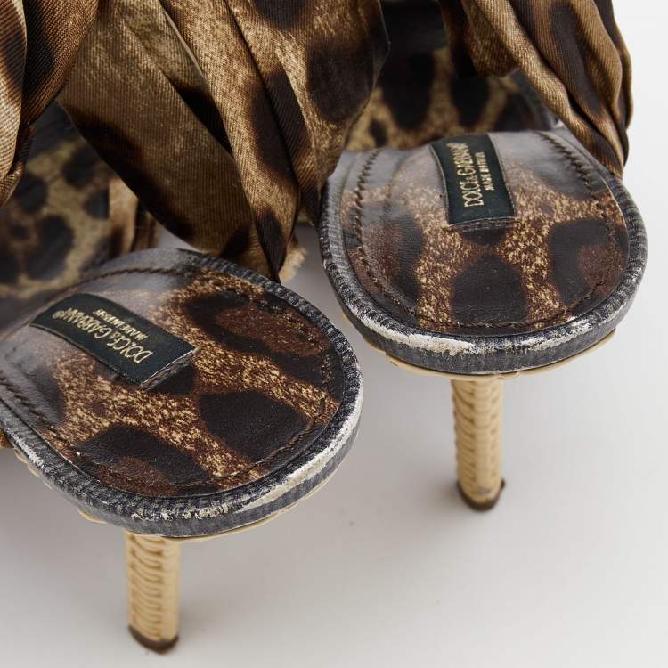 Pre Owned Dolce & Gabbana Brown Satin Leopard Print Fastening Ankle Tie Sandals Size 40