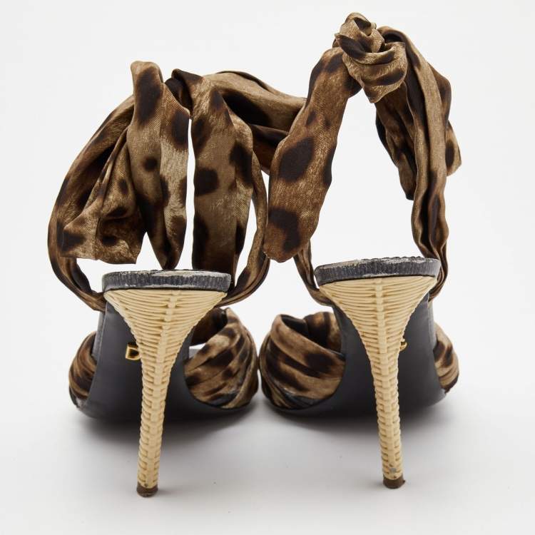 Pre Owned Dolce & Gabbana Brown Satin Leopard Print Fastening Ankle Tie Sandals Size 40