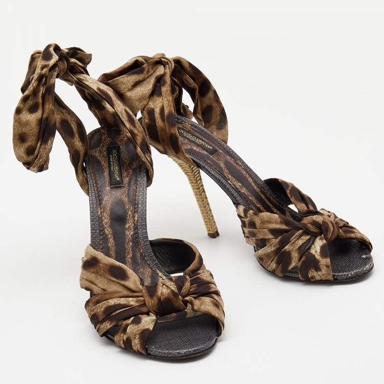 Pre Owned Dolce & Gabbana Brown Satin Leopard Print Fastening Ankle Tie Sandals Size 40