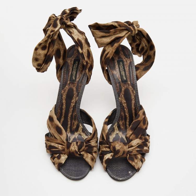Pre Owned Dolce & Gabbana Brown Satin Leopard Print Fastening Ankle Tie Sandals Size 40