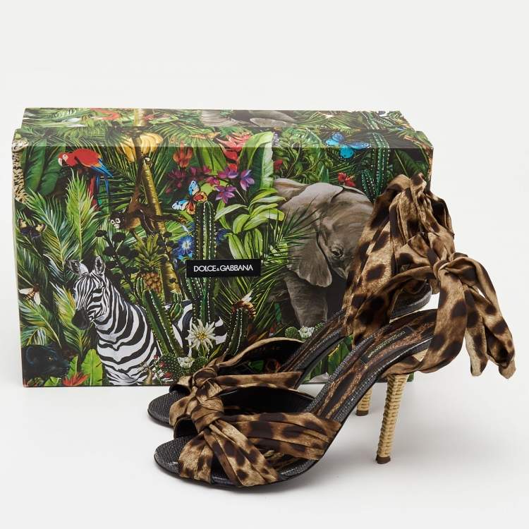 Pre Owned Dolce & Gabbana Brown Satin Leopard Print Fastening Ankle Tie Sandals Size 40