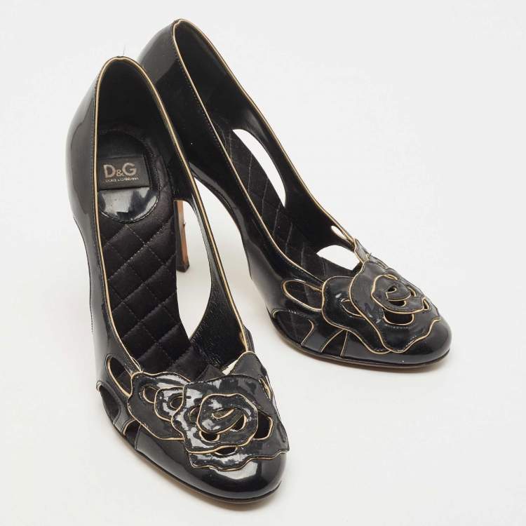 Pre Owned D&G Black Patent Leather Flower Cut Out Pumps Size 38