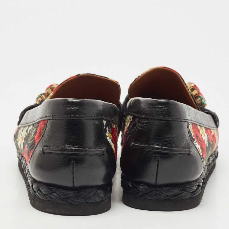 Pre Owned Dolce & Gabbana Multicolor Floral Fabric and Leather Crystal Embellished Loafers Size 39