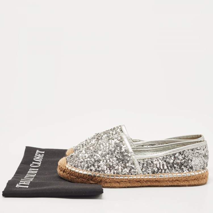 Pre Owned Dolce & Gabbana Silver Sequins and Leather Espadrille Flats Size 37