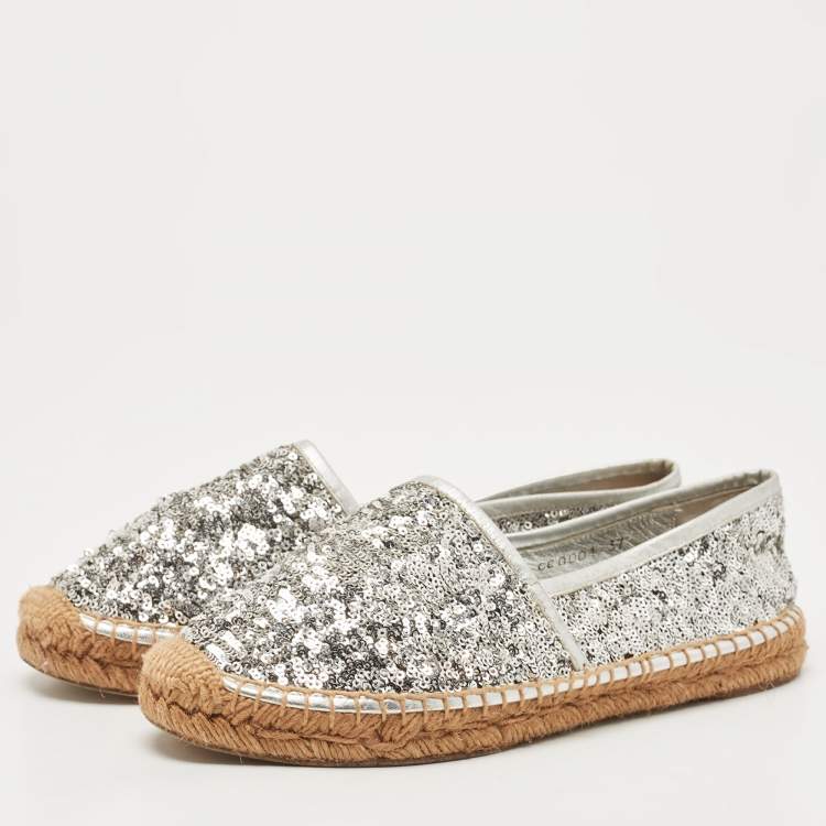 Pre Owned Dolce & Gabbana Silver Sequins and Leather Espadrille Flats Size 37