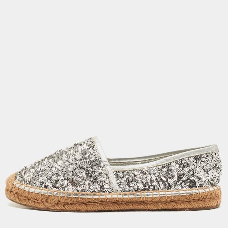 Pre Owned Dolce & Gabbana Silver Sequins and Leather Espadrille Flats Size 37