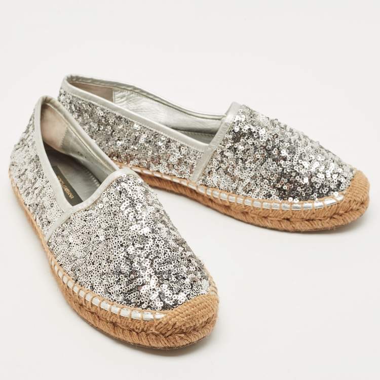 Pre Owned Dolce & Gabbana Silver Sequins and Leather Espadrille Flats Size 37