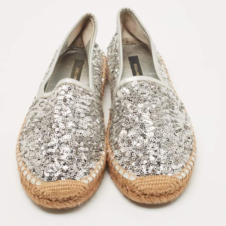 Pre Owned Dolce & Gabbana Silver Sequins and Leather Espadrille Flats Size 37