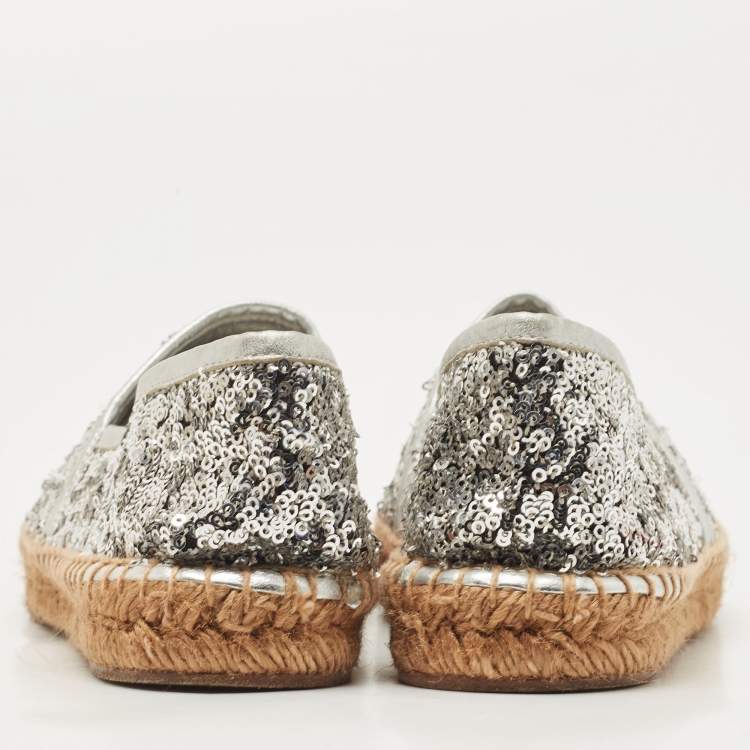 Pre Owned Dolce & Gabbana Silver Sequins and Leather Espadrille Flats Size 37