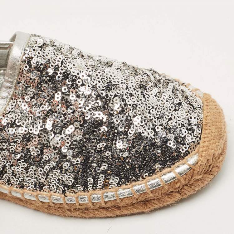 Pre Owned Dolce & Gabbana Silver Sequins and Leather Espadrille Flats Size 37