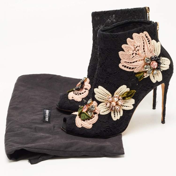 Pre Owned Dolce & Gabbana Black Lace Crystal Embellished Applique Peep Toe Booties Size 40