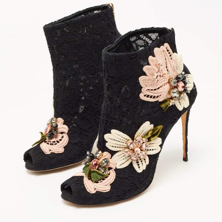 Pre Owned Dolce & Gabbana Black Lace Crystal Embellished Applique Peep Toe Booties Size 40