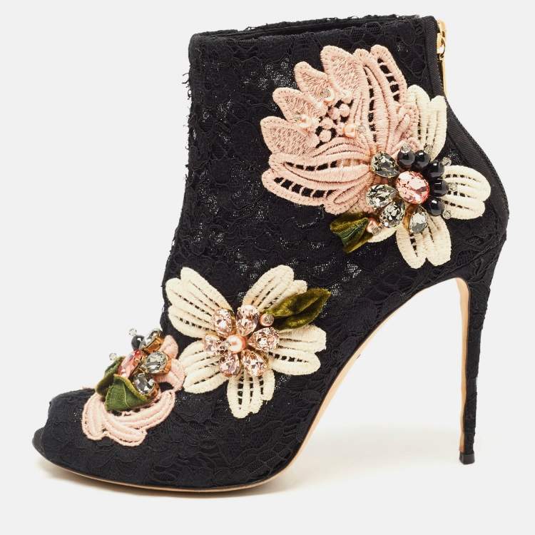 Pre Owned Dolce & Gabbana Black Lace Crystal Embellished Applique Peep Toe Booties Size 40