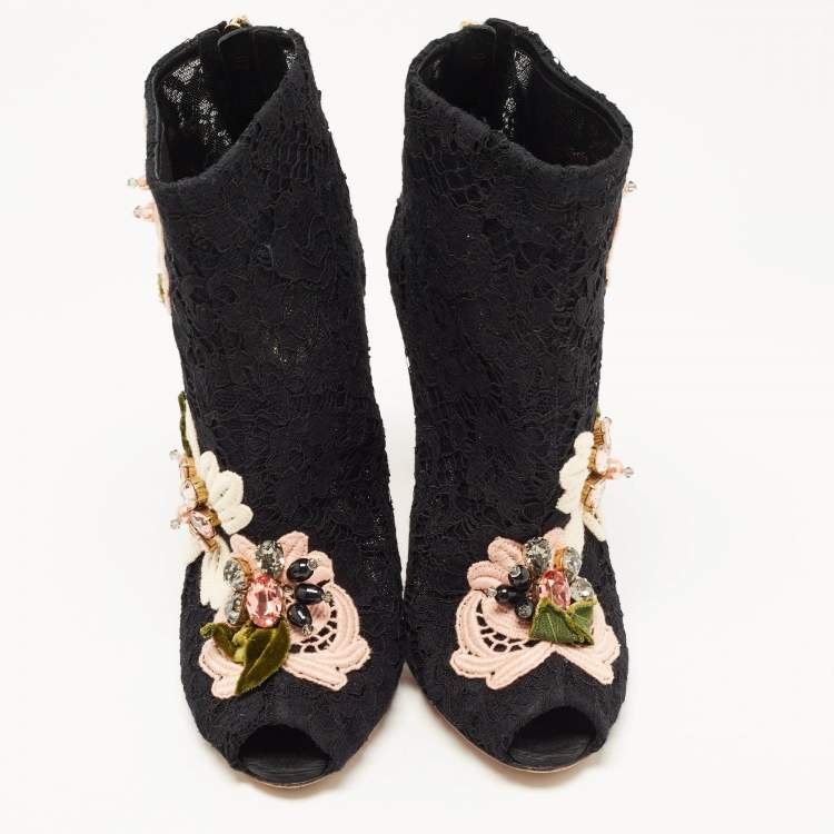 Pre Owned Dolce & Gabbana Black Lace Crystal Embellished Applique Peep Toe Booties Size 40