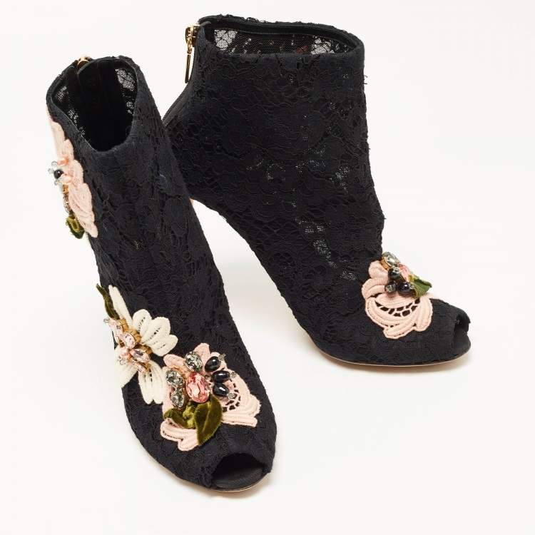 Pre Owned Dolce & Gabbana Black Lace Crystal Embellished Applique Peep Toe Booties Size 40