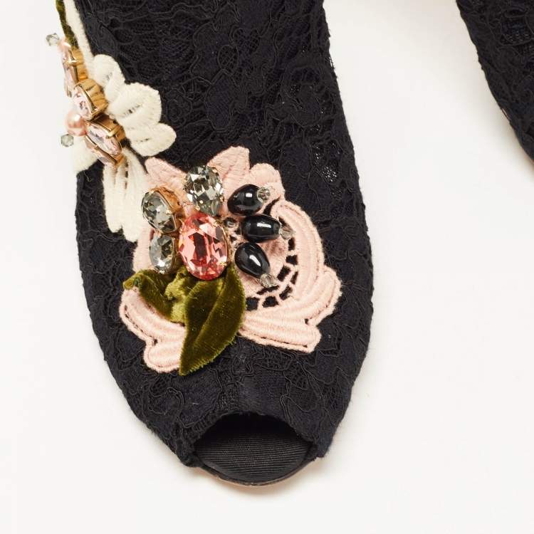 Pre Owned Dolce & Gabbana Black Lace Crystal Embellished Applique Peep Toe Booties Size 40