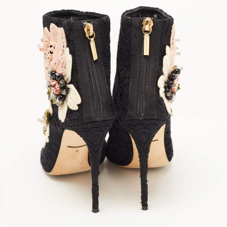 Pre Owned Dolce & Gabbana Black Lace Crystal Embellished Applique Peep Toe Booties Size 40